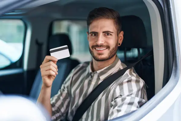 Hispanic Man Beard Driving Car Holding Credit Card Looking Positive — Stock Photo, Image