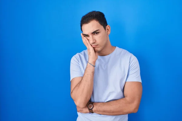 Young Hispanic Man Standing Blue Background Thinking Looking Tired Bored — Stock Photo, Image