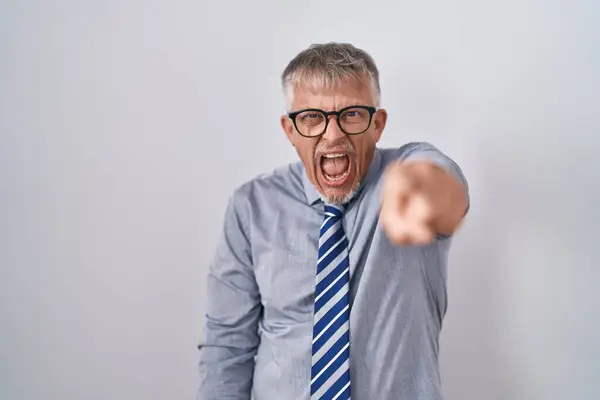 Hispanic Business Man Grey Hair Wearing Glasses Pointing Displeased Frustrated — Stock Photo, Image