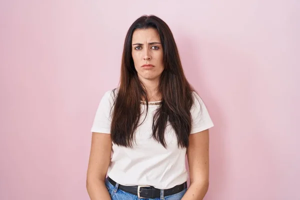 Young Brunette Woman Standing Pink Background Looking Sleepy Tired Exhausted — Stock Photo, Image
