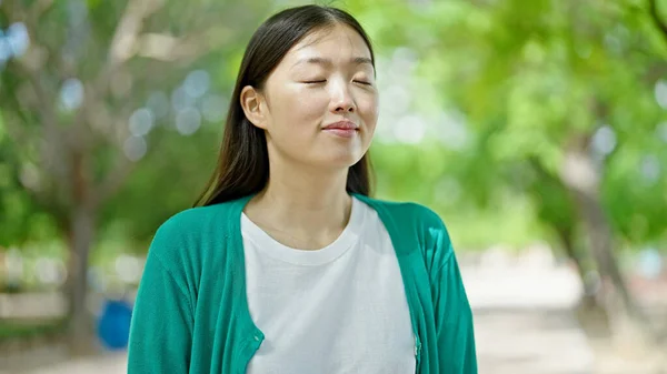 Young Chinese Woman Breathing Closed Eyes Park — Photo