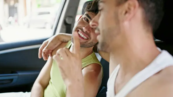 Two Men Couple Hugging Each Other Sitting Taxi Speaking Street — Stock Photo, Image