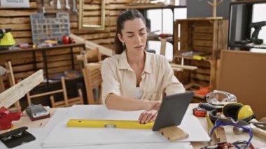 Çekici genç İspanyol kadın marangoz, kendini işine kaptırmış, kapalı bir marangozluk atölyesinde otururken dokunmatik dokunmatik zemine ustalıkla çizim yapıyor..
