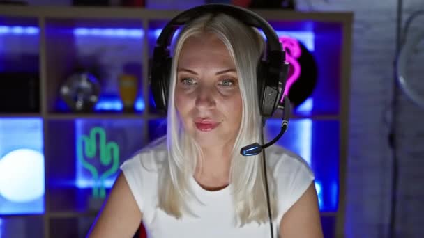 Ελκυστική Ξανθιά Gamer Κορίτσι Ακτινοβόλα Χαμογελώντας Έχασε Στη Σκέψη Ακουστικά — Αρχείο Βίντεο