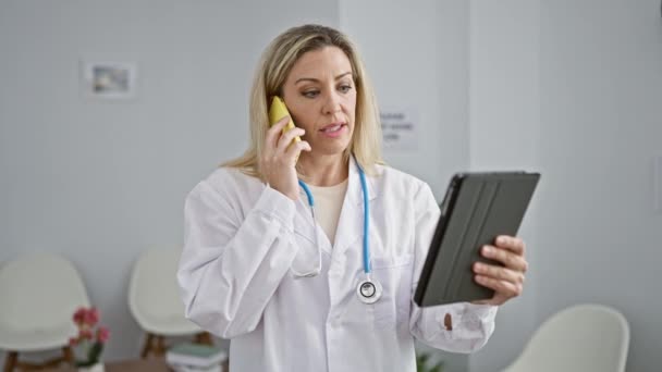 Νεαρή Ξανθιά Γυναίκα Γιατρός Χρησιμοποιώντας Touchpad Μιλώντας Στο Smartphone Στην — Αρχείο Βίντεο