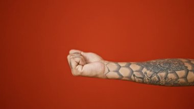 Açık bir adamın eli, izole edilmiş kırmızı bir arkaplan üzerine kaldırıldı. Dövmeli bir yetişkin, açık avuçlu İspanyol bir erkek.