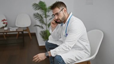 Yakışıklı, genç İspanyol bir adam, deneyimli bir doktor, akıllı telefonuyla ciddi bir konuşma yapıyor, kliniğin odasında beklerken saatine bakıyor.