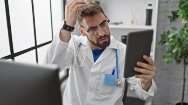 Genç, yakışıklı İspanyol doktor, meslek ve stili birleştiriyor, klinikteki iş yerinde saç tarama ve dokunmatik tabaka ile resim yapıyor.