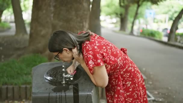 Vacker Latinamerikansk Kvinna Släcker Törst Med Uppfriskande Dryck Från Parkfontänen — Stockvideo