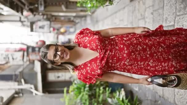 Mujer Hispana Alegre Gafas Con Una Sonrisa Alegre Mientras Camina — Vídeos de Stock