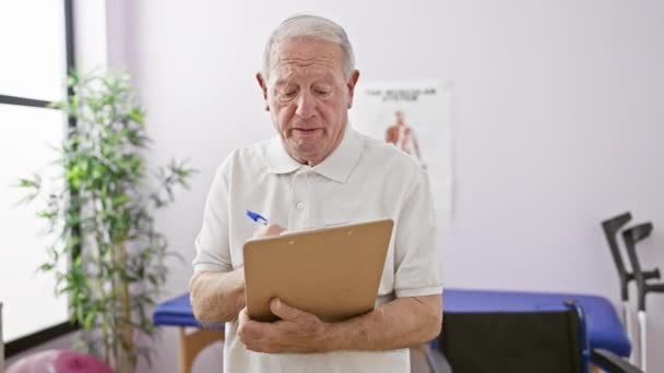 Fisioterapeuta Ancianos Dedicado Tomar Notas Diligentemente Bulliciosa Clínica Rehabilitación Proporcionando — Vídeos de Stock