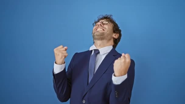 Joyful Young Man Business Suit Celebrating His Win Victorious Gesture — Stock Video