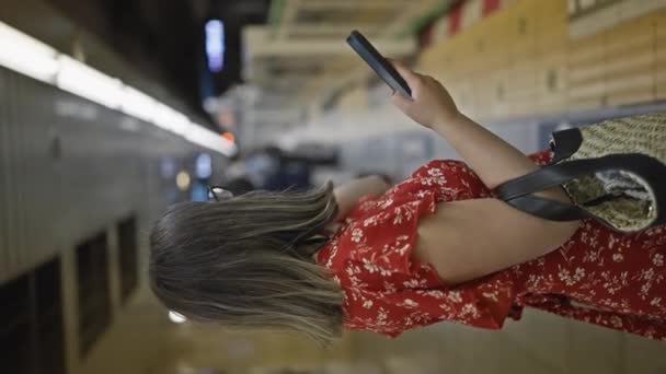 히스패닉 그녀의 스마트 메시지를 역에서 지하철 기차를 기다리고 새로운 여행에 — 비디오