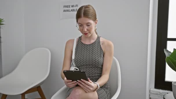 Młoda Blondynka Siedzi Krześle Pomocą Touchpad Poczekalni — Wideo stockowe