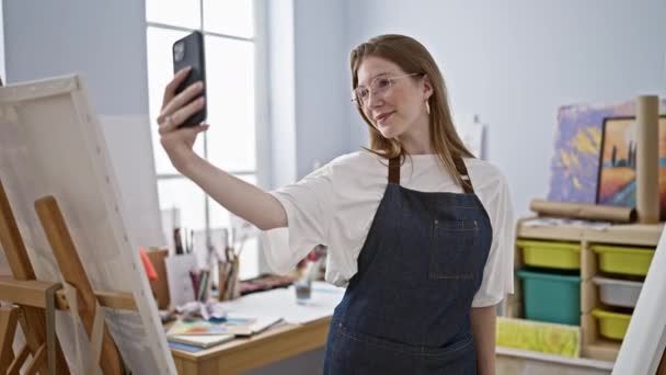 Jovem Loira Artista Fazer Selfie Por Smartphone Sorrindo Estúdio Arte — Vídeo de Stock