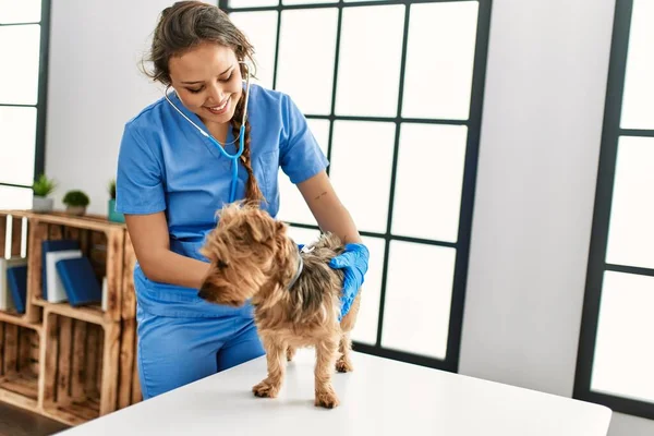 Young Beautiful Hispanic Woman Veterinarian Examining Dog Stethoscope Home — ストック写真