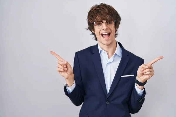 Hispanic Business Young Man Wearing Glasses Smiling Confident Pointing Fingers — Stock Photo, Image