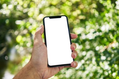 Akıllı telefonu tutan adam parkta beyaz ekranı gösteriyor.