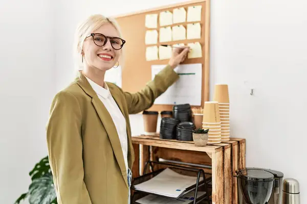 Young Blonde Woman Business Worker Writing Cork Board Office — Stock Photo, Image