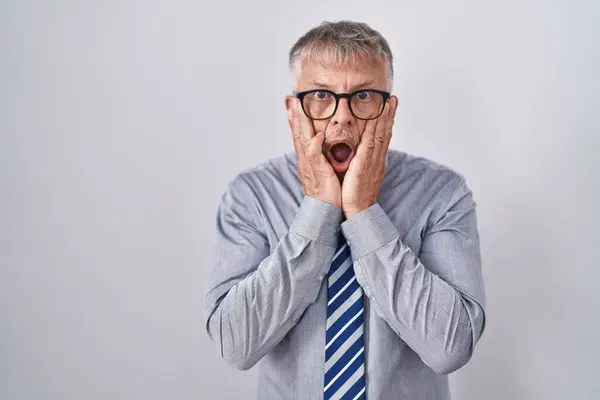 Hispanic Business Man Grey Hair Wearing Glasses Afraid Shocked Surprise — Stock Photo, Image