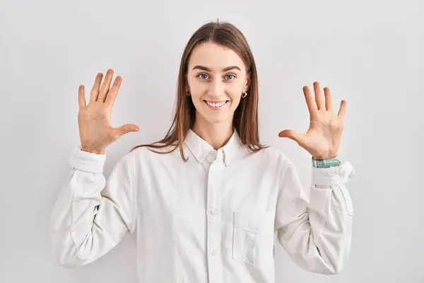 Young Caucasian Woman Standing Isolated Background Showing Pointing Fingers Number — Stock Photo, Image