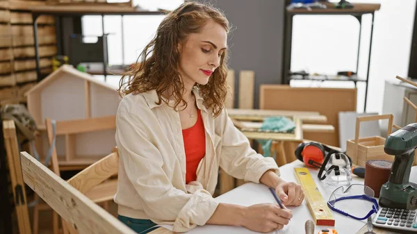 Attractive Young Woman Carpenter Seriously Immersed Her Craft Sitting Drawing — Stock Photo, Image