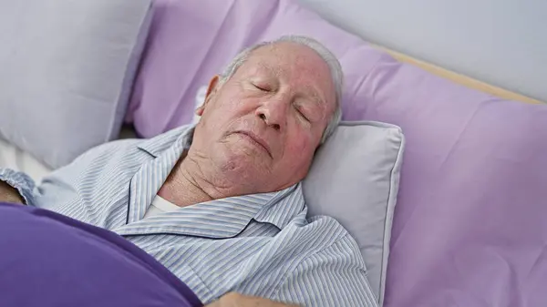 Exhausted Senior Man Experiencing Comfort Deep Sleep Lying Relaxed Cozy — Stock Photo, Image