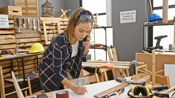 Портрет молодой, красивой латиноамериканской женщины-плотника, умело делающей заметки на смартфоне среди опилок и древесины в своей шумной столярной мастерской.