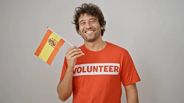 Jovem Ativista Hispânico Segurando Bandeira Espanhola Sobre Fundo Branco Isolado — Fotografia de Stock