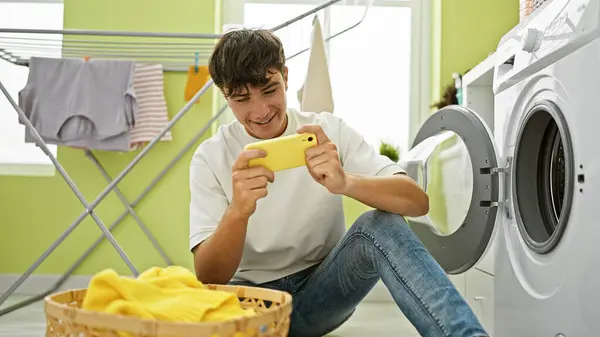 Handsome Young Hispanic Teenager Joyfully Playing Video Game While Patiently — Stock Photo, Image