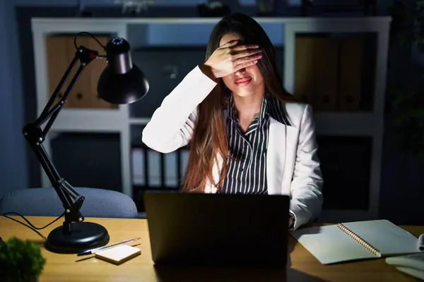 Young Brunette Woman Working Office Night Laptop Covering Eyes Hand — Stock Photo, Image