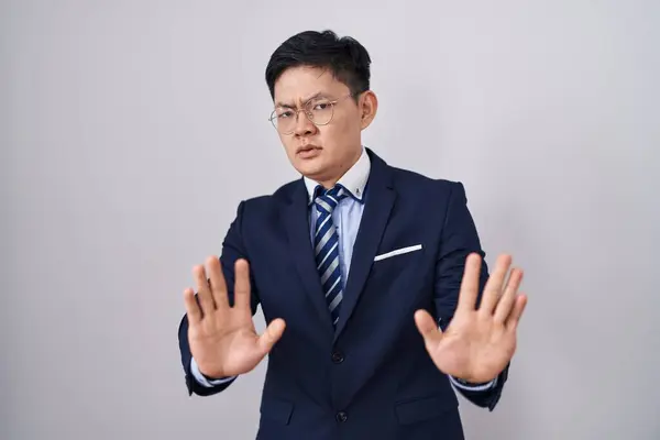 Young Asian Man Wearing Business Suit Tie Moving Away Hands — Stock Photo, Image