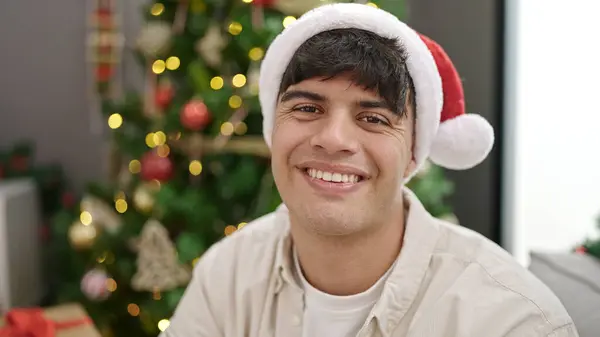 Young Hispanic Man Smiling Confident Celebrating Christmas Home — ストック写真