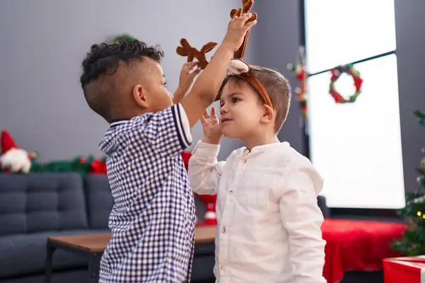 Adorable Boys Celebrating Christmas Wearing Reindeer Ears Home — Stock Photo, Image