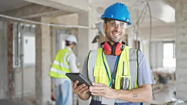 Two Men Builders Smiling Confident Using Touchpad Construction Site — Stock Photo, Image