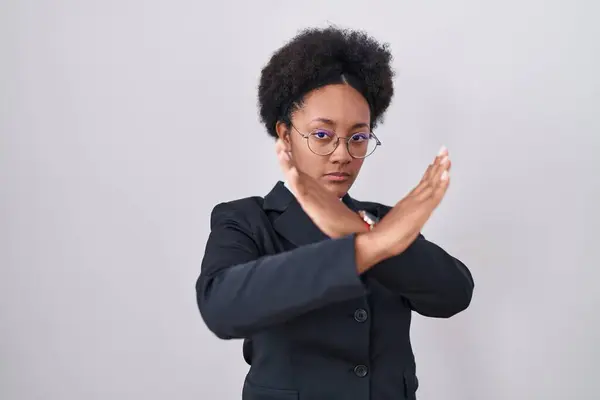 Beautiful African Woman Curly Hair Wearing Business Jacket Glasses Rejection — Stock Photo, Image