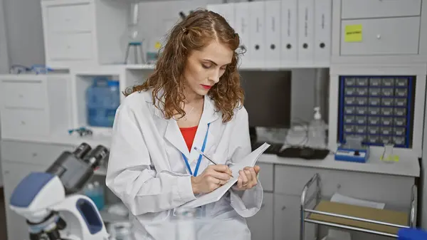 Young woman scientist taking notes at laboratory