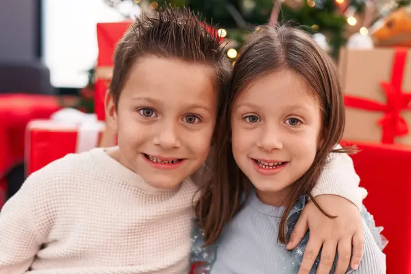 Adorable Boy Girl Hugging Each Other Celebrating Christmas Home Stock Photo