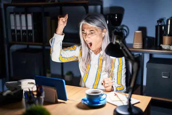 Middle Age Woman Grey Hair Working Office Night Angry Mad — Stock Photo, Image