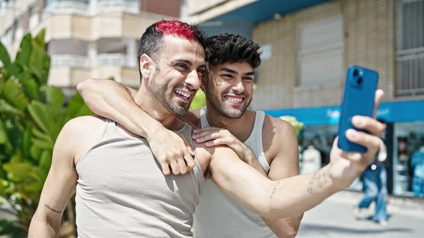Two Men Couple Smiling Confident Make Selfie Smartphone Park — Stock Photo, Image