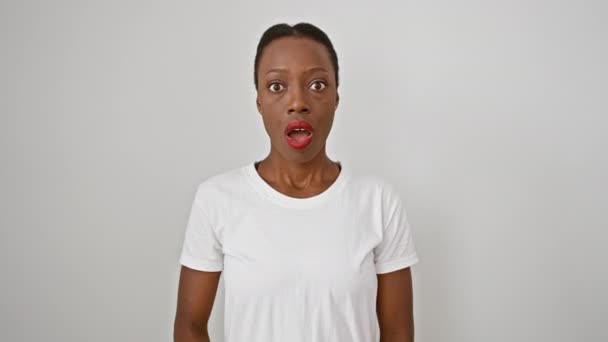 Stunned African American Woman Standing Her Wow Expression Isolated White — Stock Video