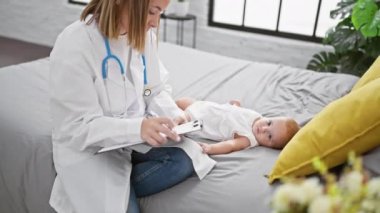 Üniformalı bir çocuk doktoru, sabırla yatak odasında oturuyor, bebeği inceliyor, titizlikle evde tıbbi notlar alıyor.