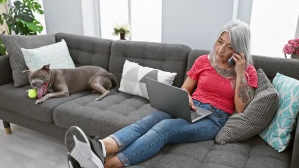 在家里客厅里 松驰的白发中年女性一边在智能手机上舒服地聊天 一边在手提电脑上浏览 身边躺着一只狗 — 图库视频影像
