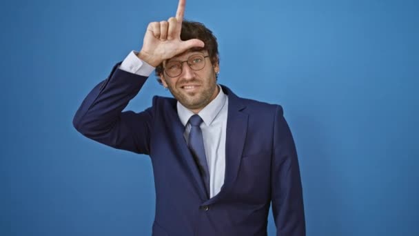 Young Man Wearing Business Suit Making Fun People Fingers Forehead — Stock Video