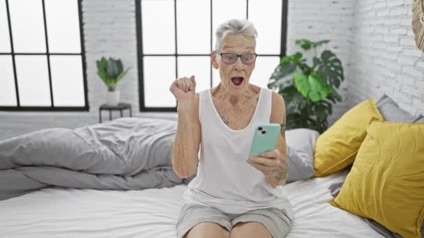 Heartwarming Synet Smilende Senior Gråhåret Kvinde Fejrer Sejr Sidder Komfortabelt – Stock-video