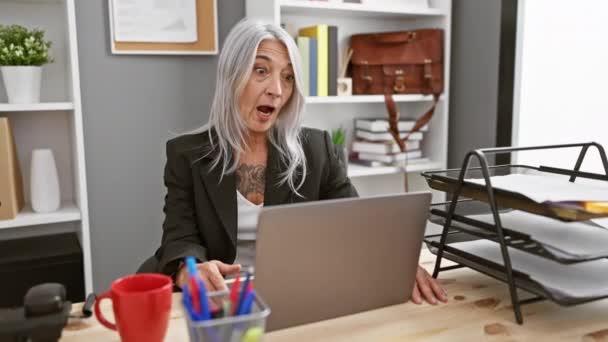 Gülümseyen Gri Saçlı Orta Yaşlı Kadın Ofiste Dizüstü Bilgisayarla Çalışıyor — Stok video