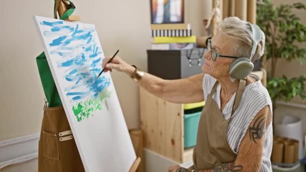 高齢の灰色の髪の女性アーティストは絵画の喜びに吸収され 絵筆やキャンバスに囲まれ クラシックなアートスクールスタジオで静かに彼女のお気に入りの音楽を聞いています — ストック動画