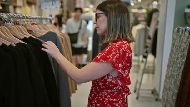 时尚激情 在零售店里 一个戴眼镜的漂亮女人在挑选时髦的衣服 在购物中心的一家精品店里 一个年轻的黑发购物者的画像 — 图库视频影像
