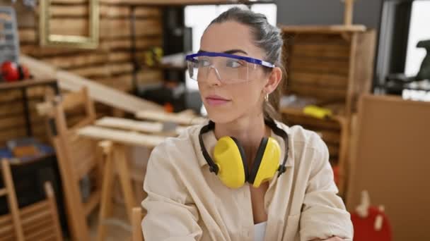 Mulher Hispânica Jovem Confiante Ostentando Óculos Segurança Frescos Oficina Carpintaria — Vídeo de Stock