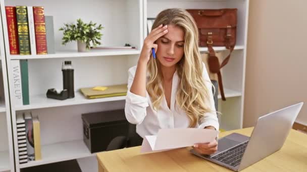 Attraktive Gestresste Junge Blonde Geschäftsfrau Die Büroarbeitsplatz Leidenschaftlich Problematische Berichte — Stockvideo